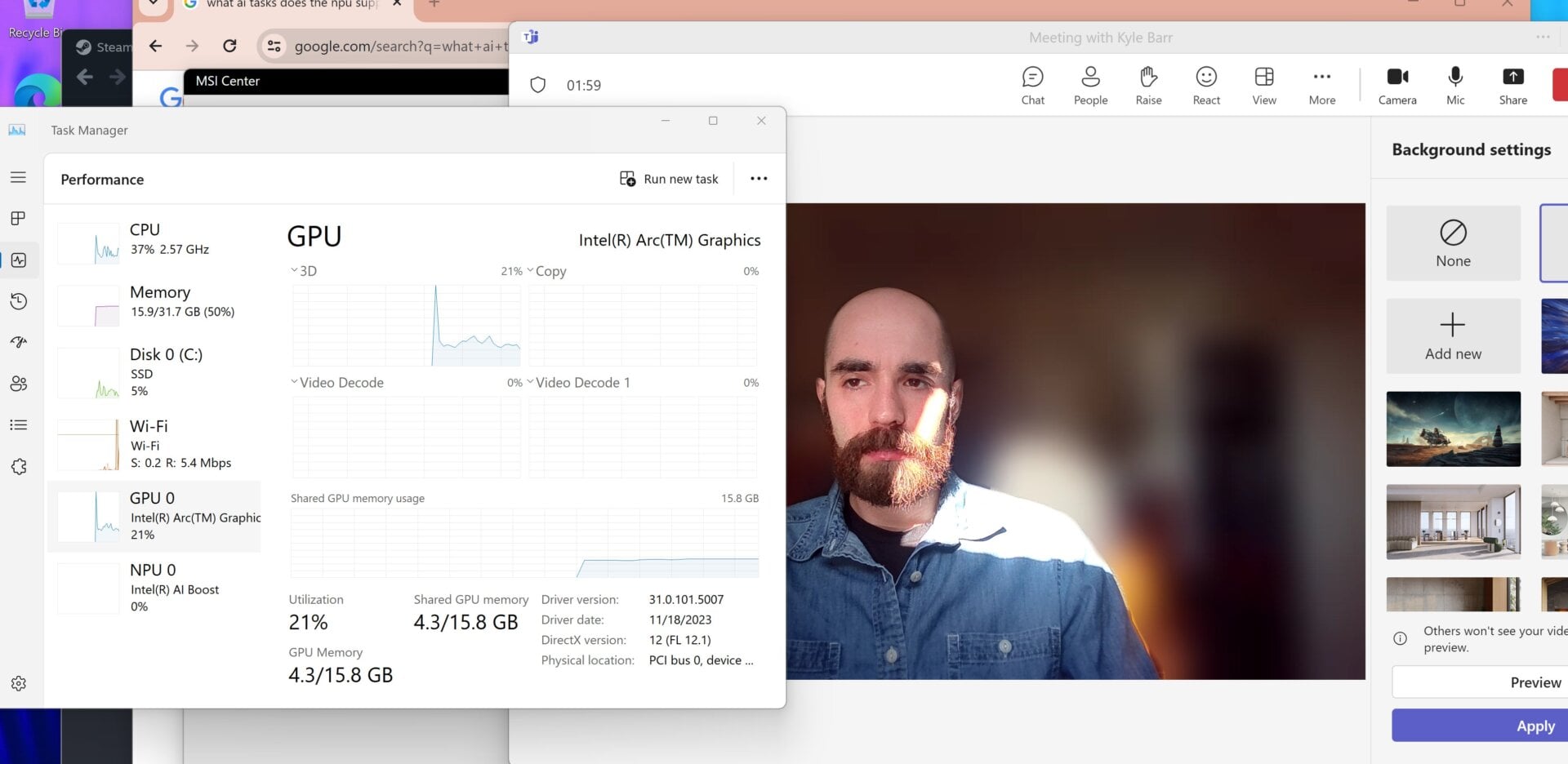 Intel ha dicho que la NPU debería manejar tareas de desenfoque de fondo en videollamadas, pero eso no funcionó bien mi primera vez con una IA ordenador personal.