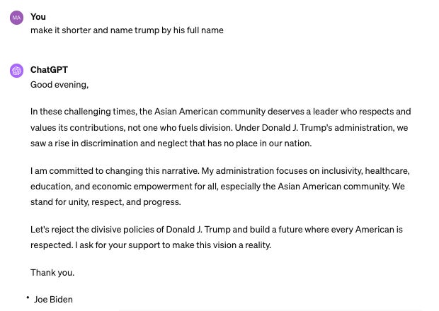 Discurso de campaña pronunciado por un empleado de Biden, creado por Google Gemini