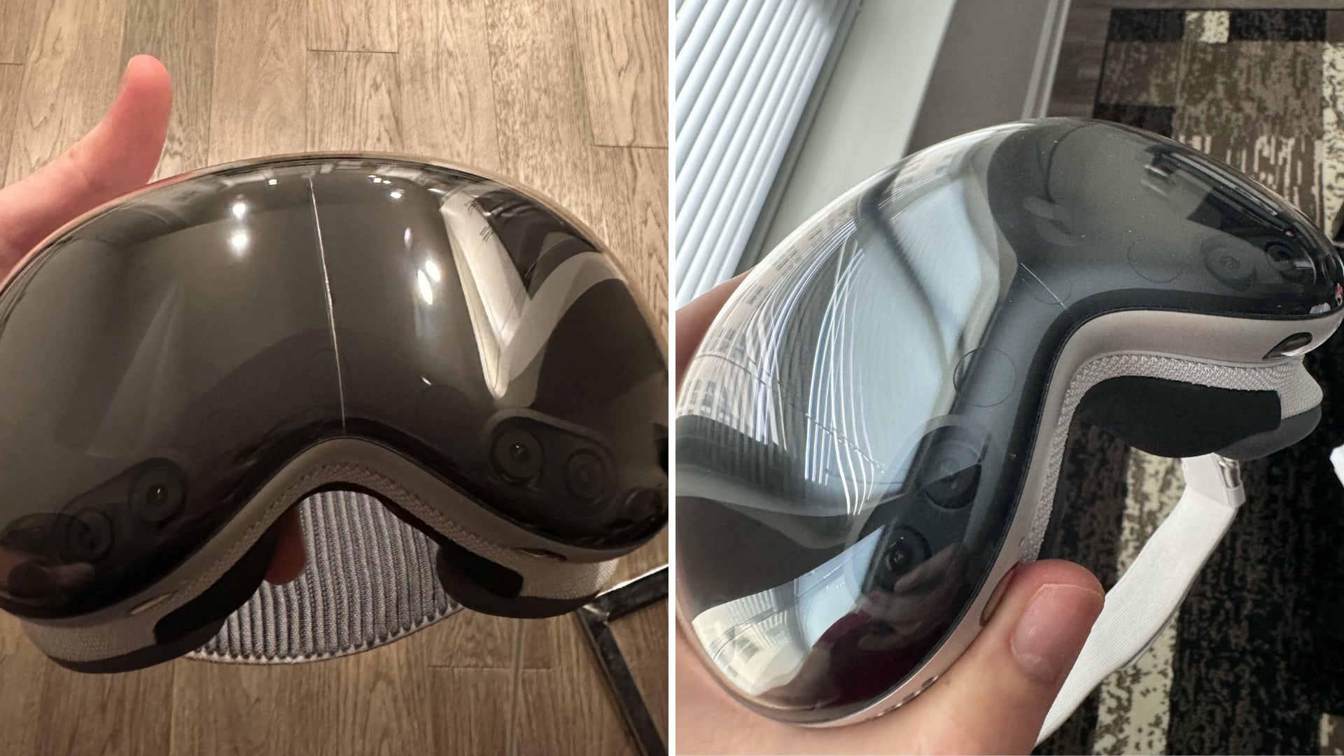 Fotos de las grietas aleatorias en el Apple Vision Pro proporcionadas por dos propietarios.