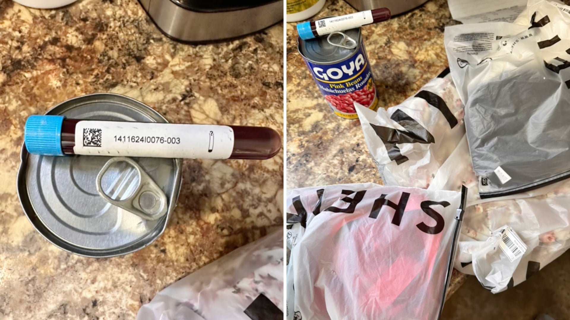 Una captura de pantalla del frasco de sangre y la lata de habas Goya encontradas por el cliente de Shein.