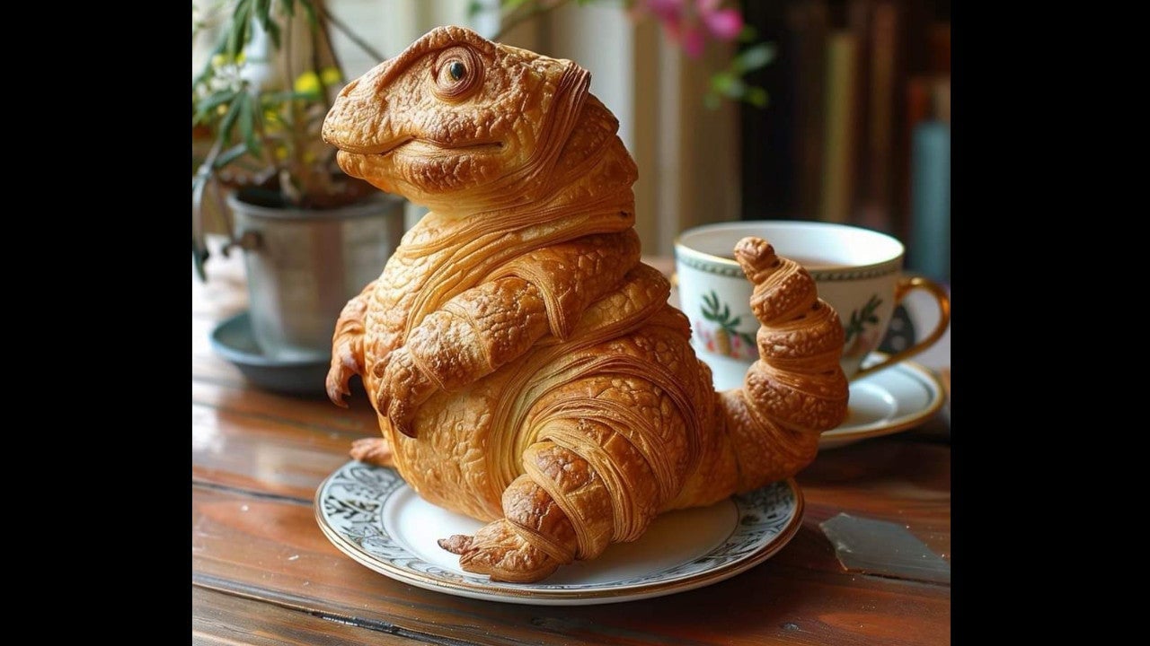 El croissant de dinosaurio falso creado con IA generativa que se está volviendo viral en sitios como Reddit y X.