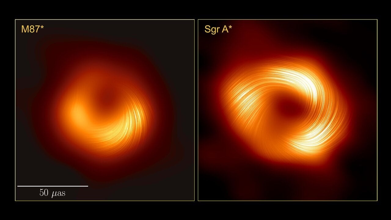 Imágenes polarizadas de M87 (izquierda) y Sgr A* (derecha).