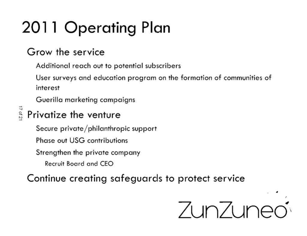 Diapositiva de una presentación de finales de 2010 sobre los planes para ZunZuneo para el próximo año, publicada a través de la FOIA.