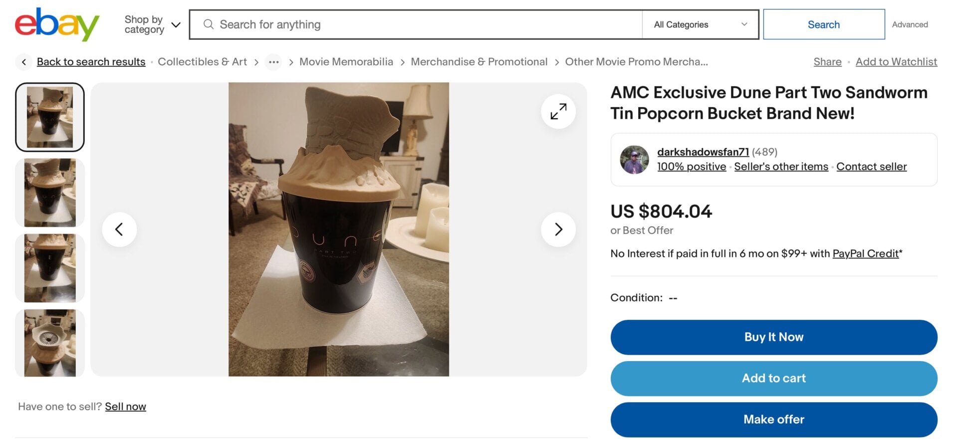El cubo de palomitas de maíz Sandworm se vendió originalmente por $24,99 en los cines. Ahora se vende por al menos el doble de esa cantidad en eBay, con algunas publicaciones. alcanzando cientos de dólares.