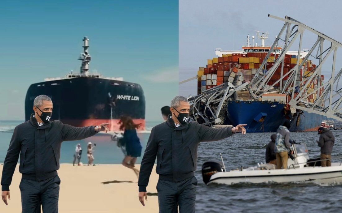 Una imagen compartida en las redes sociales que intenta conectar a Barack Obama con el colapso del puente en Baltimore el 26 de marzo porque el expresidente  Fue productor ejecutivo de una película de suspenso apocalíptico en Netflix donde un barco se estrelló contra una playa.