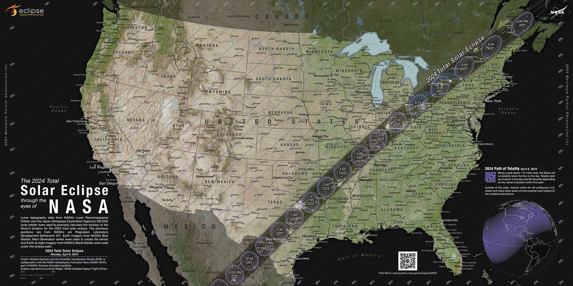 El camino de la totalidad para el eclipse solar total de 2024. 