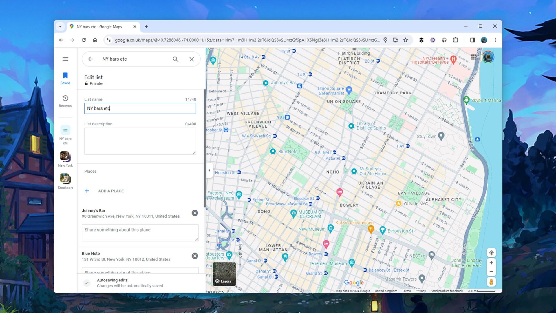 Las entradas de la lista se marcan en el mapa.