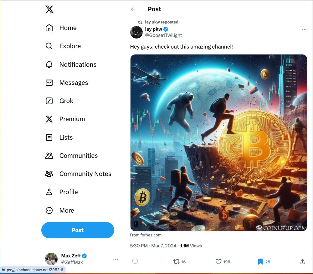 Una publicación engañosa en X. La vista previa de Google Chrome en la esquina izquierda muestra que esto no va a Forbes.com.