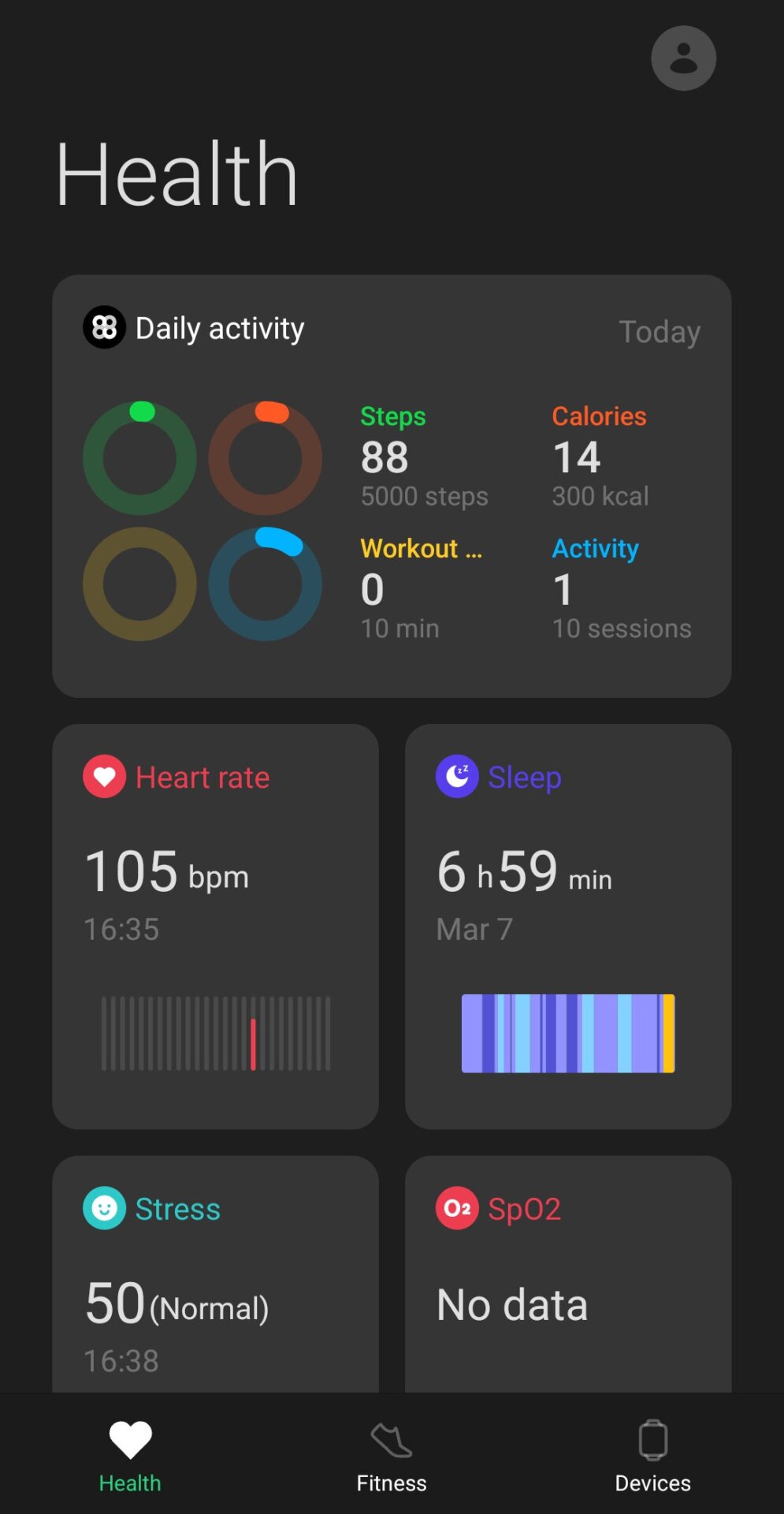 No usé el reloj durante algunos días y me arrepiento. ¡Mis estadísticas son horribles! Sin embargo, esto se completaría por completo en un día normal, guarde los datos de SpO2.