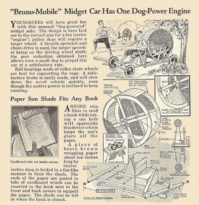 Extracto del número de junio de 1934 de la revista Modern Mechanix que presenta un “motor impulsado por un perro” 
