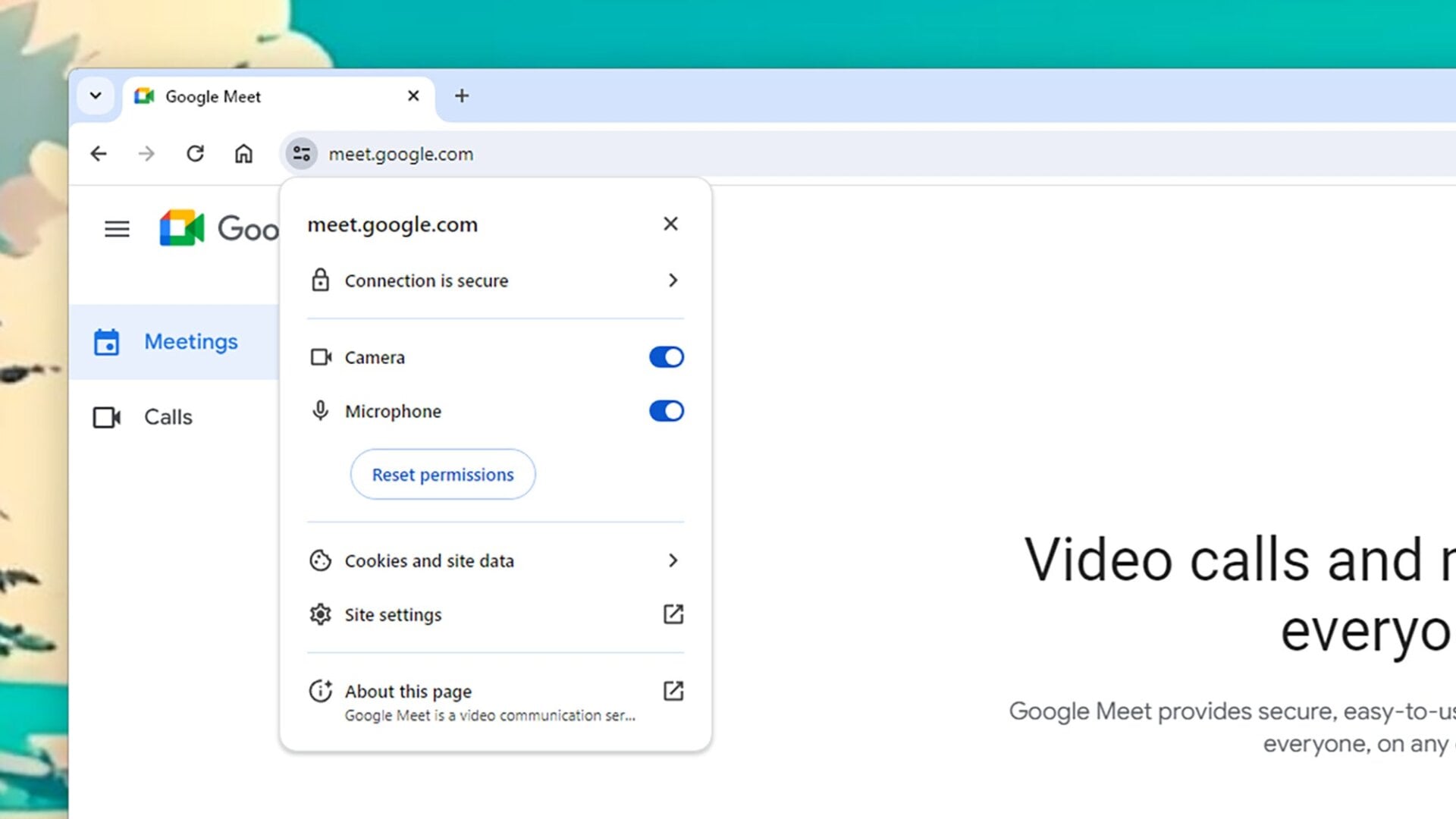 Interruptores de palanca de permisos en Chrome.