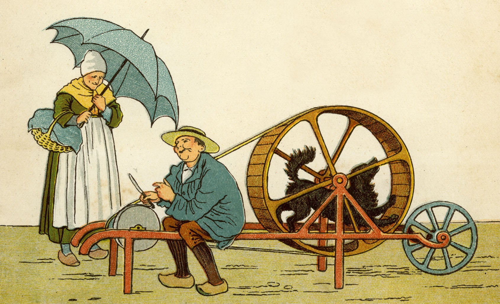 Afilador de Caen utilizando un perro para alimentar su máquina. El perro da dando vueltas a la rueda. 1882.