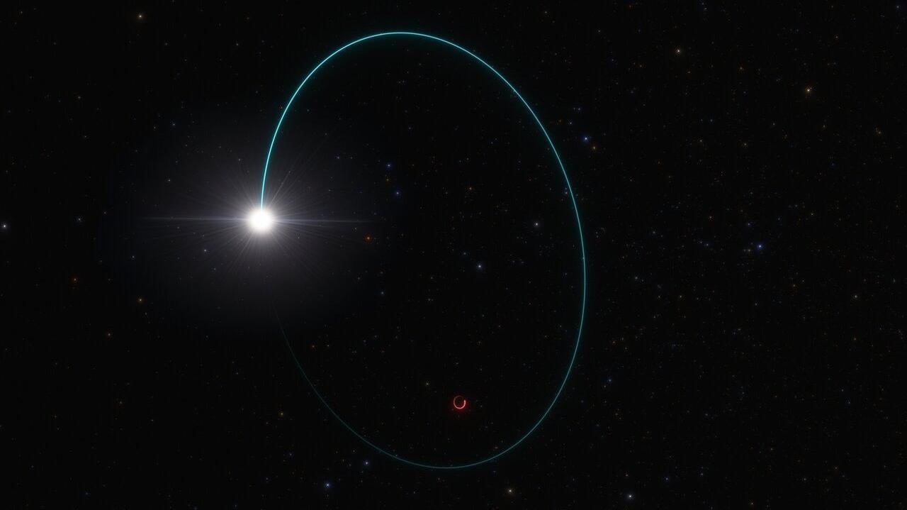 Representación del sistema binario, en el que una estrella orbita alrededor de un agujero negro estelar inusualmente grande.