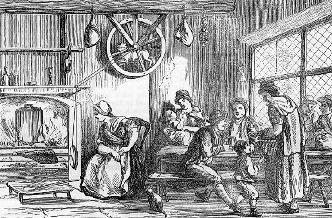 Ilustración que muestra un asador de carne impulsado por un perro en un libro de Henry Wigstead de 1799 titulado  Comentarios sobre una gira al norte y sur de Gales: en el año 1797