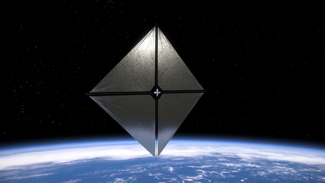 Representación artística de la nave espacial Solar Sail System en órbita.