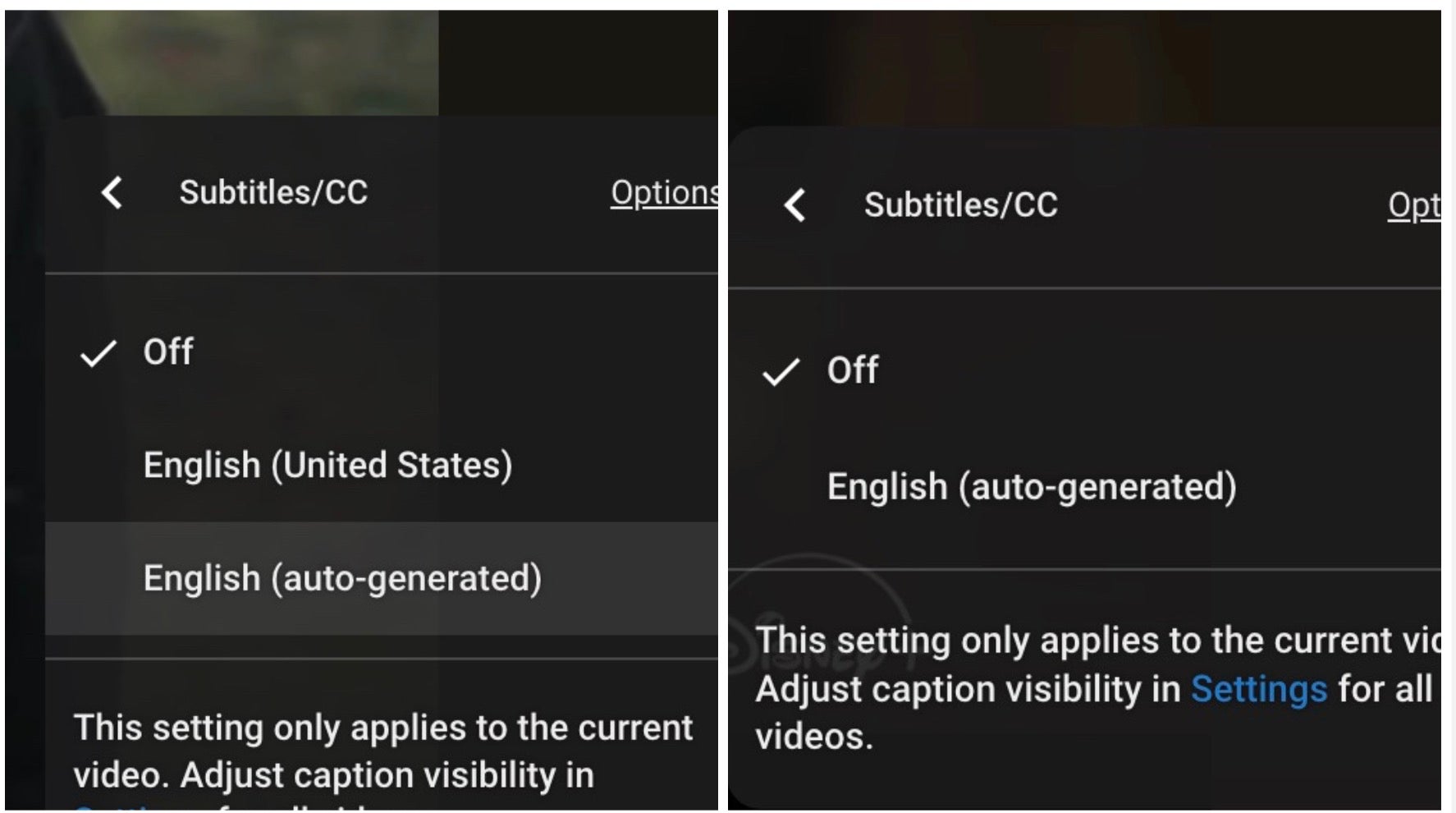 A la izquierda, la configuración de subtítulos en todos los demás vídeos de guerra de las galaxias YouTube. Derecha, la configuración en “Plan”