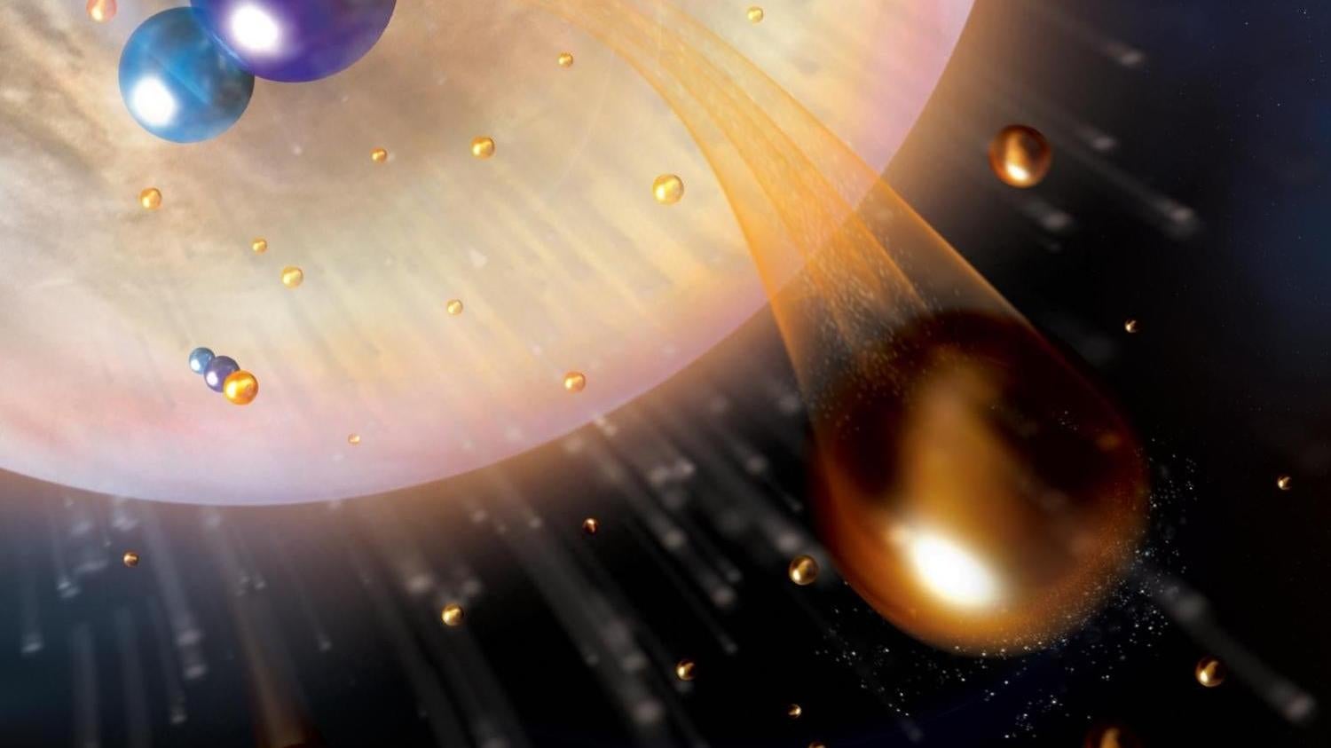 Una impresión artística de los átomos de hidrógeno, naranja, escapando hacia el espacio, dejando atrás moléculas de monóxido de carbono, azul y violeta.