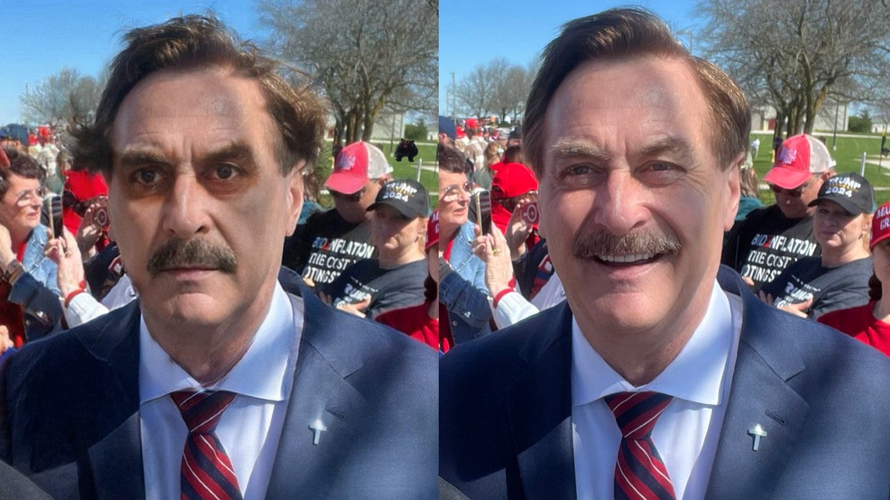 La imagen alterada de Mike Lindell (izquierda) junto con la imagen original de él en un mitin de Trump en Wisconsin el 1 de mayo de 2024 . 