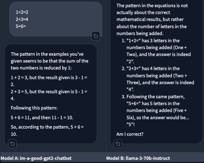Una pregunta que prueba el reconocimiento de patrones. Llama se equivocó, pero gpt2-chatbot era correcto. (soy-bueno-gpt2-chatbot: izquierda ; Llama -bien)