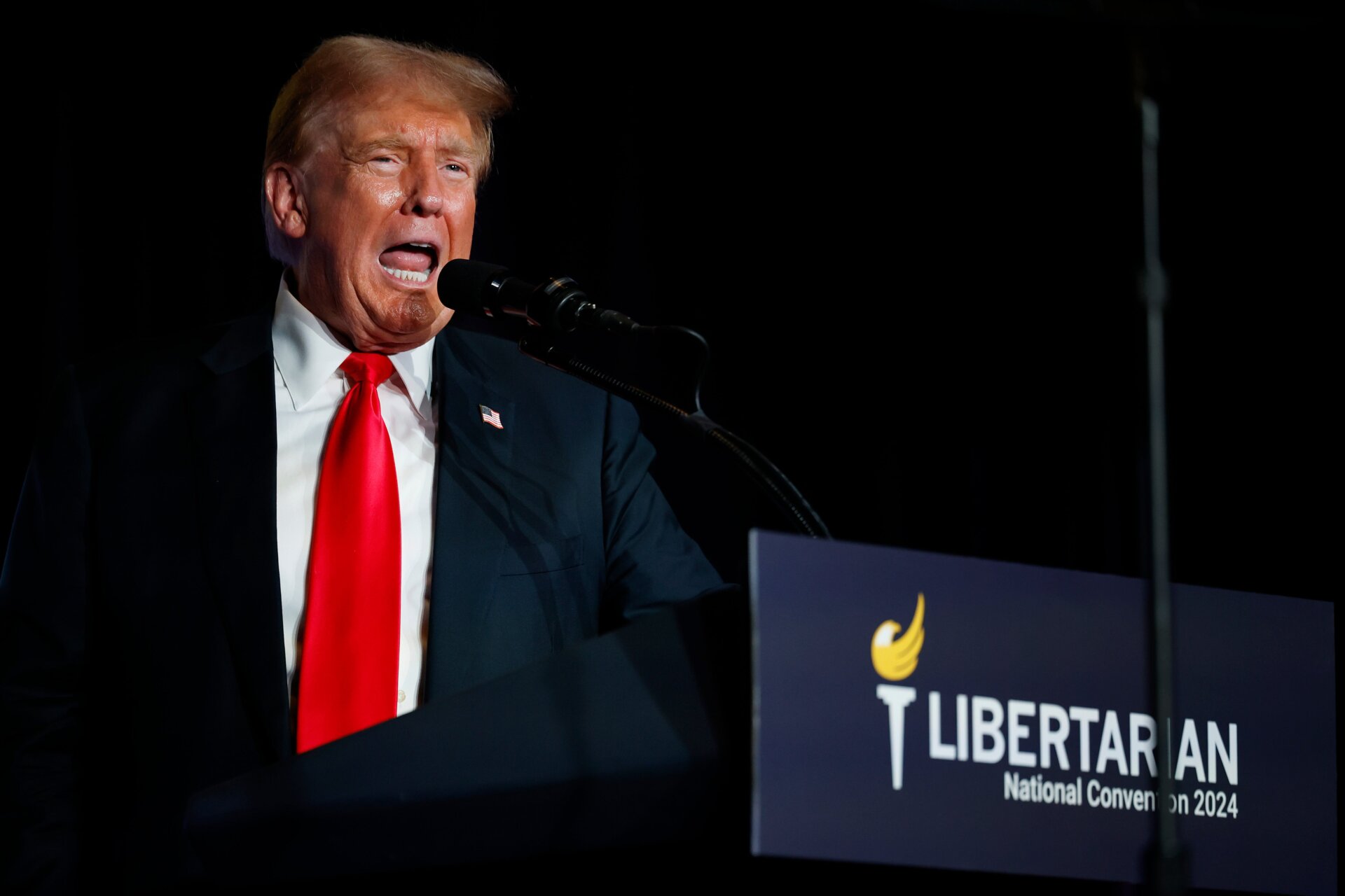 Donald Trump hablando en la Convención Nacional del Partido Libertario el 25 de mayo de 2024 en Washington, DC.