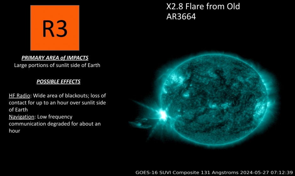 Una llamarada de X2,8 vista en erupción desde el Sol el 27 de mayo de 2024.