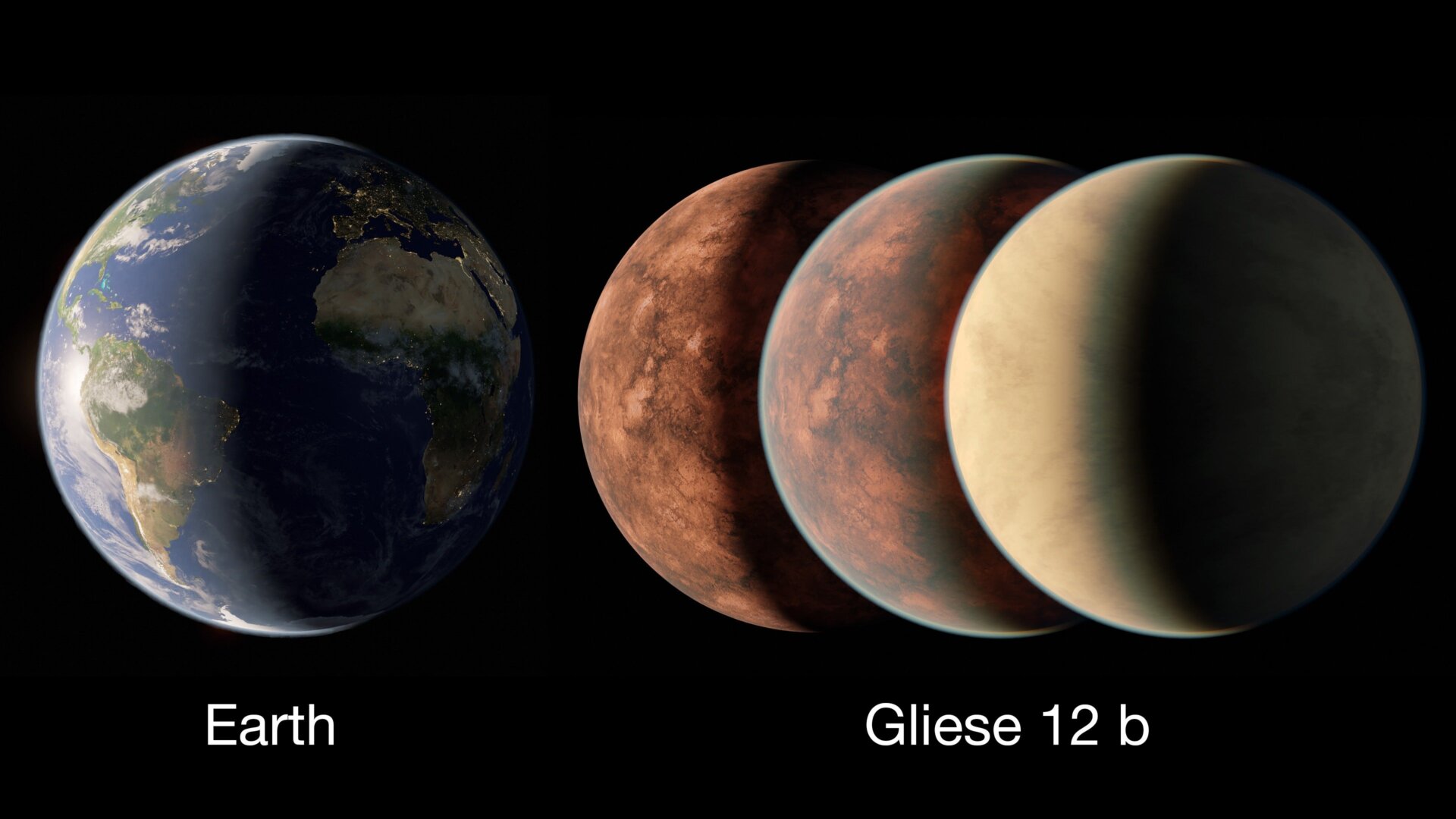 Se estima que Gliese 12b tiene aproximadamente el mismo tamaño que la Tierra, o un poco más pequeño, similar a Venus. El concepto de este artista compara la Tierra  con varias posibles interpretaciones de Gliese 12 b, que van desde una sin atmósfera hasta una con una atmósfera espesa, similar a la de Venus.