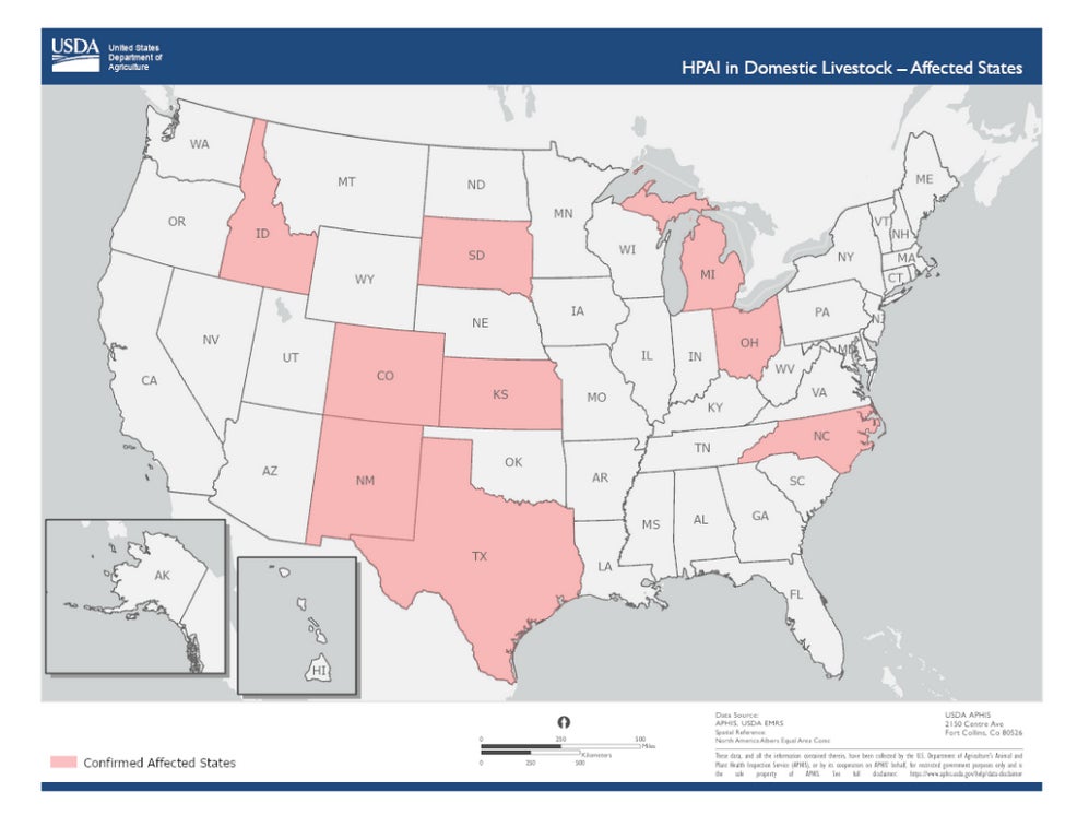 Estados con infecciones en vacas lecheras por H5N1, según los últimos datos del USDA. 
