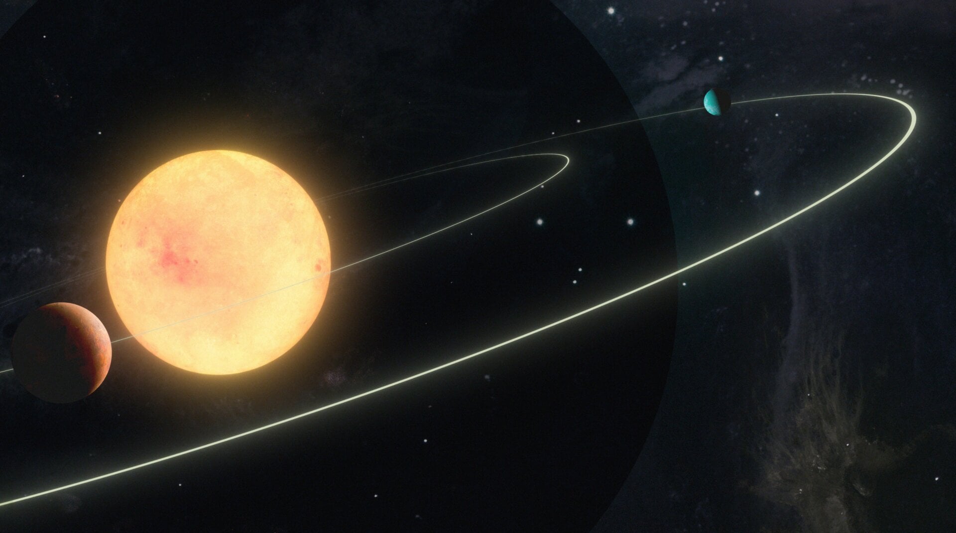 Una ilustración de TOI-1798, un sistema estelar con dos planetas, uno de los cuales es una Súper Tierra tan cerca de su estrella que un año en este mundo alienígena es el equivalente a medio día terrestre.