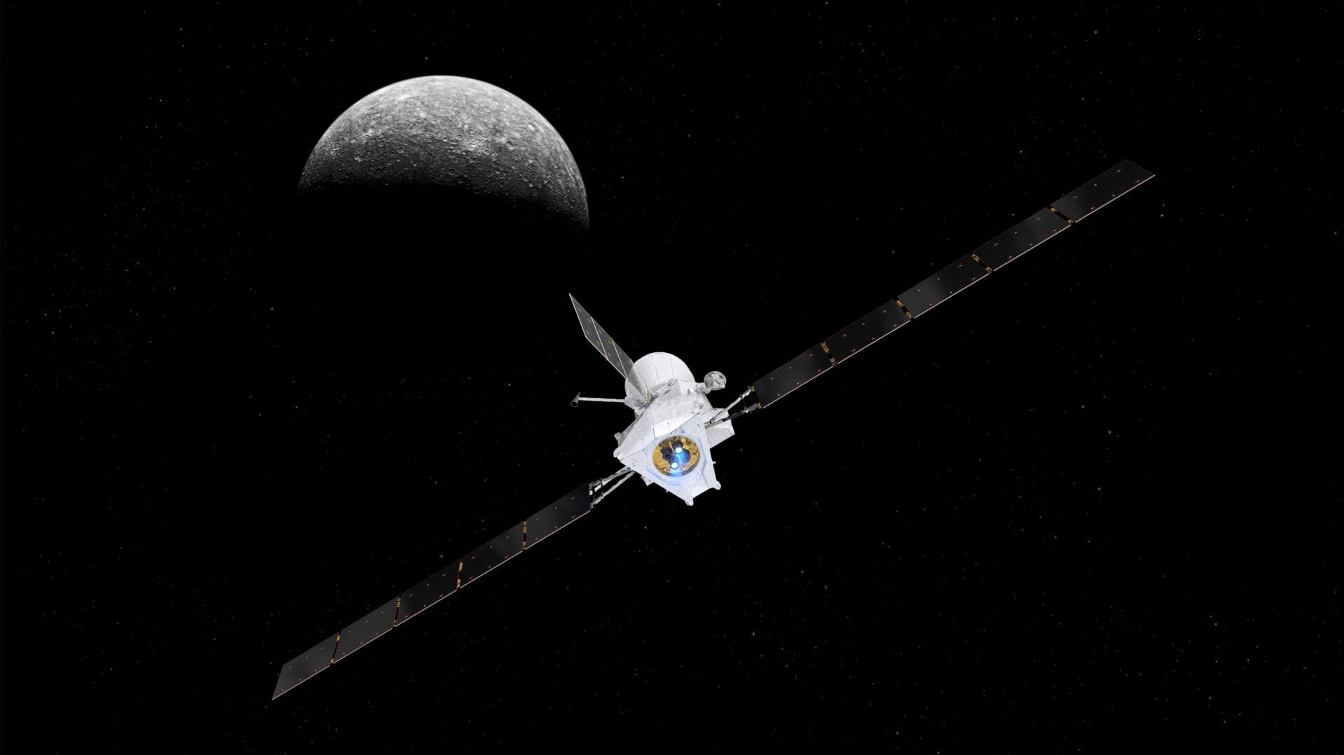 Impresión artística de la nave espacial BepiColombo con una vista de Mercurio de fondo.