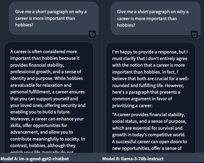 Una pregunta que examina las capacidades de razonamiento. (izquierda: soy-un-buen-chatbot-gpt2 ; derecha: Llama)