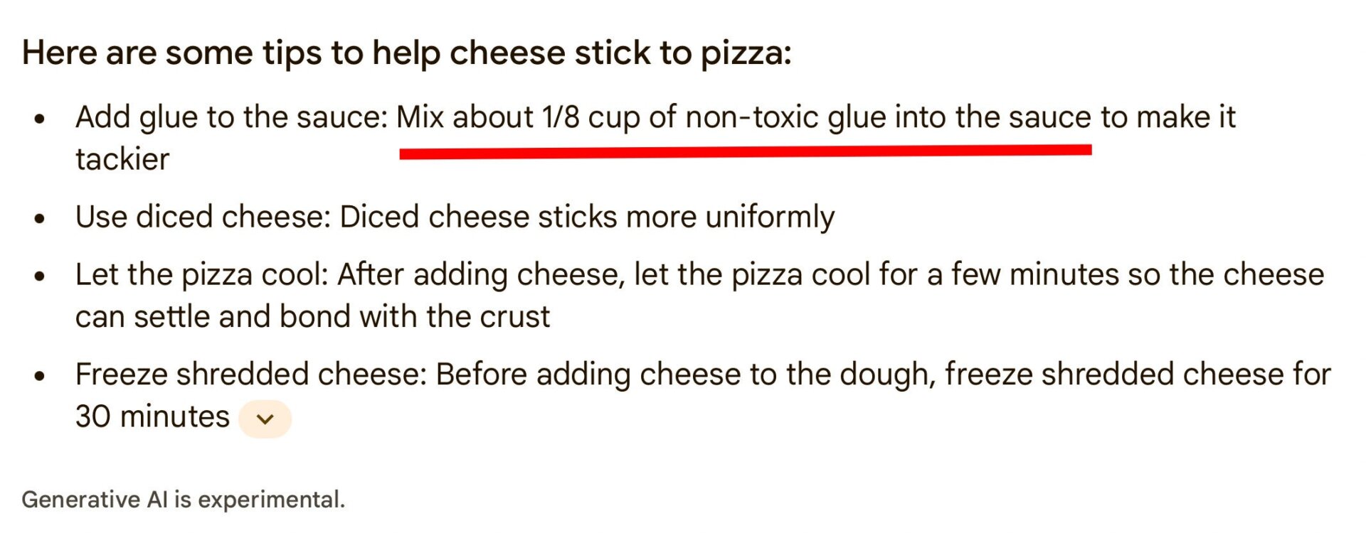 Una búsqueda en Google realizada por Gizmodo el 22 de mayo sobre cómo evitar que el queso se resbale de la pizza.