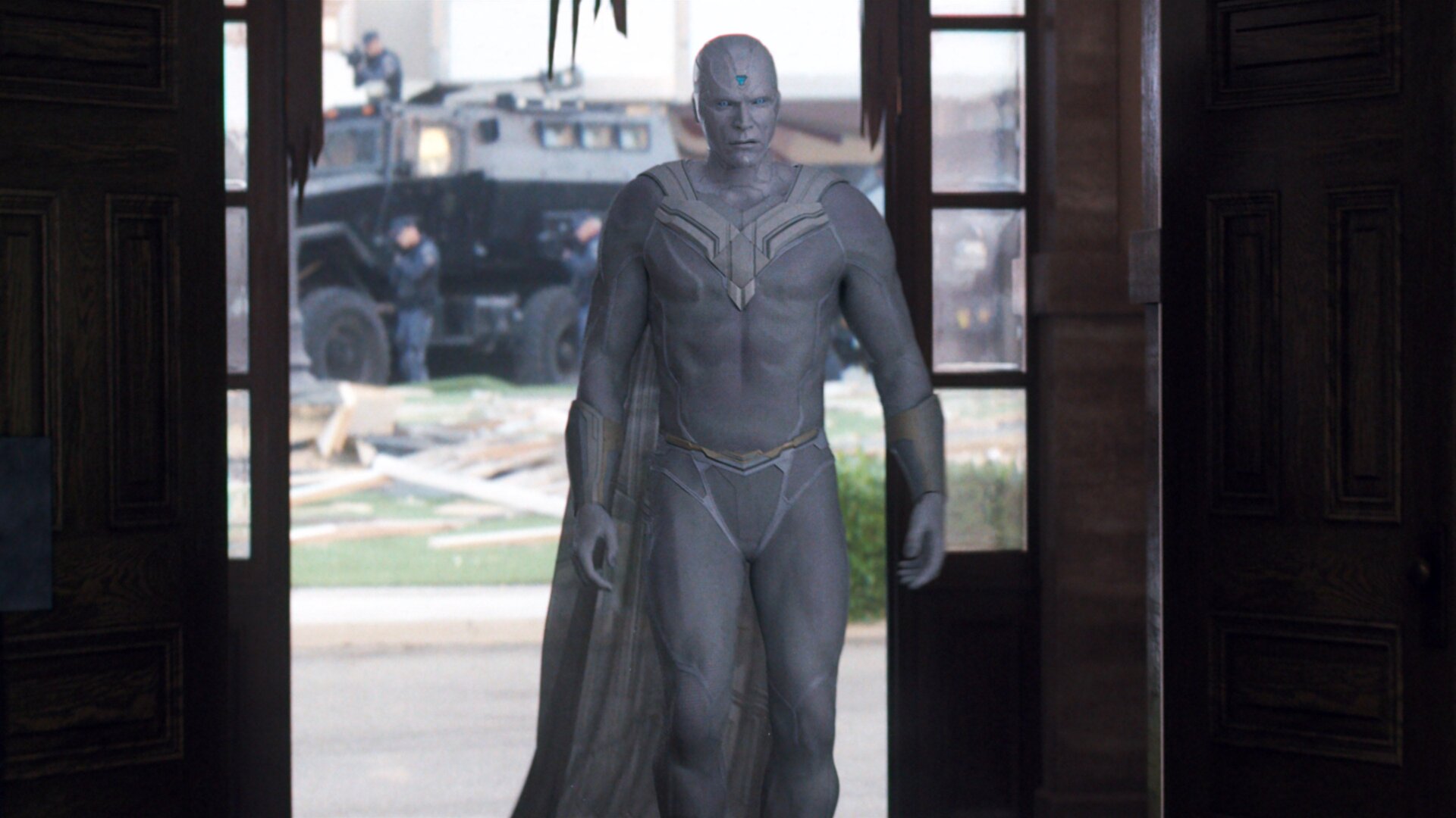 Paul Bettany como una visión pálida y enojada al final de WandaVisión.