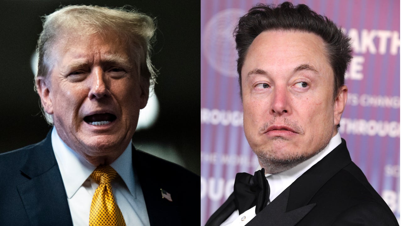 Donald Trump en su juicio criminal en Nueva York el 29 de mayo de 2024 (izquierda) y Elon Musk en el Museo de la Academia de Películas Cinematográficas  el 13 de abril, 2024 en Los Ángeles, California.