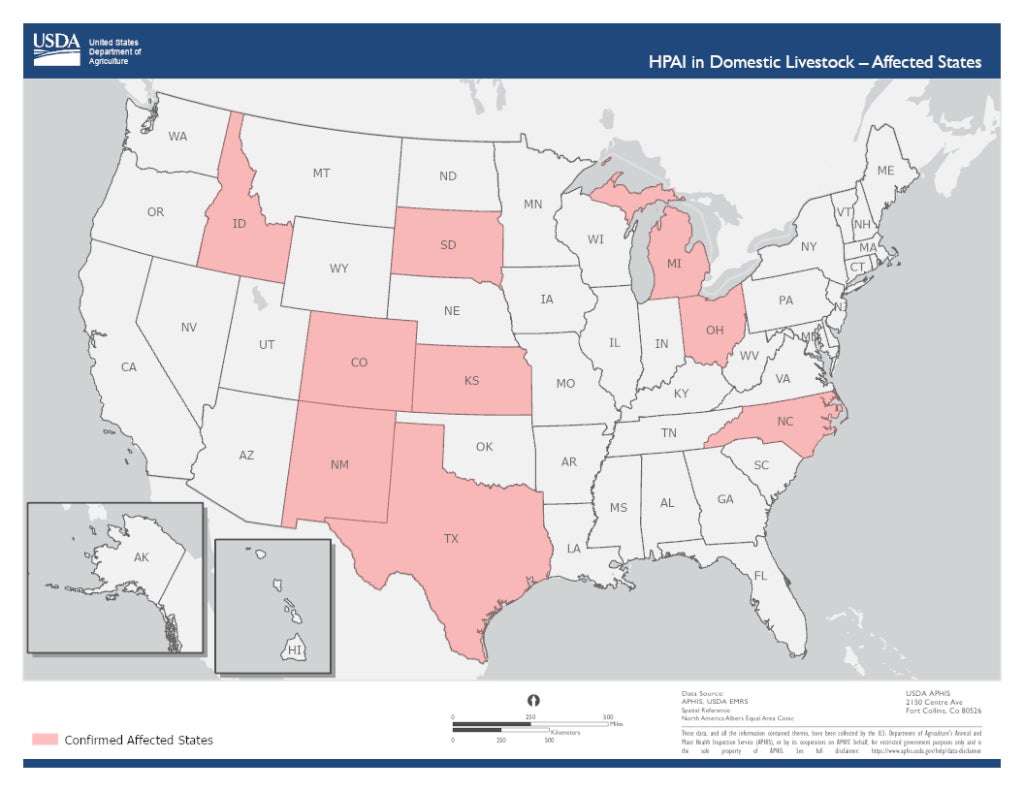 Los estados que han encontrado casos positivos de gripe aviar en ganado lechero al 14 de mayo de 2024, según el USDA.