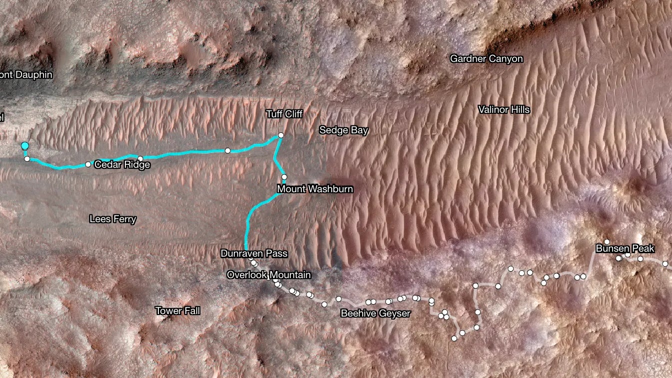 Un mapa de un antiguo canal fluvial en Marte que muestra el camino de Perseverance entre el 21 de enero y el 11 de junio.