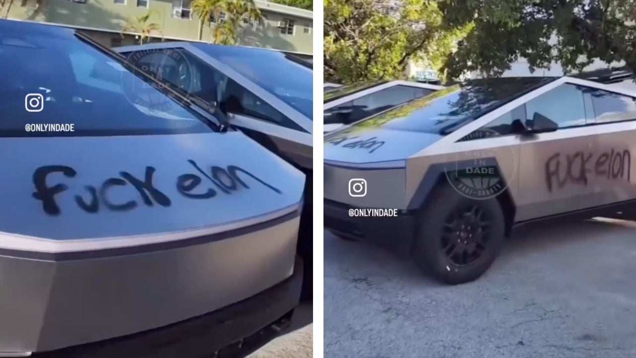 Capturas de pantalla que muestran el vandalismo de Cybertrucks en Florida que ocurrió en algún momento entre la noche del 20 de junio y la mañana del 21 de junio.  2024.