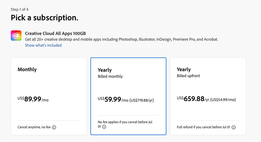 Página de pago de Adobe para comprar Creative Cloud el lunes.