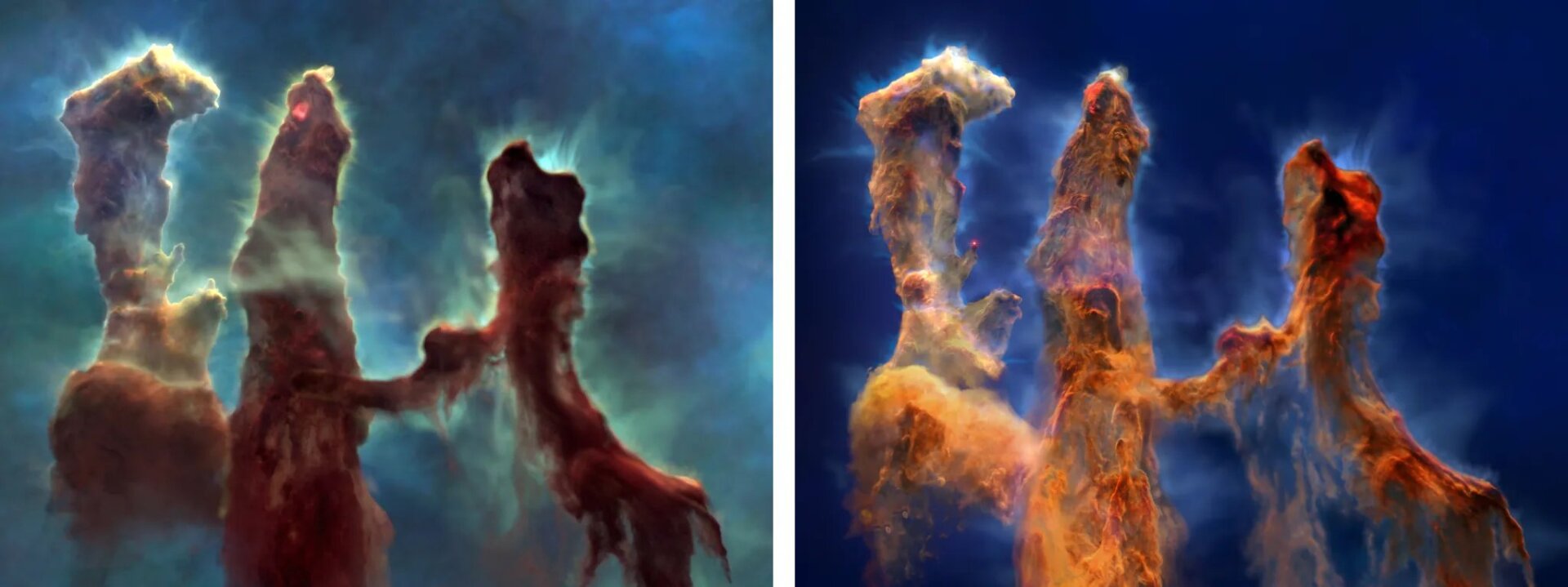  La imagen del Hubble de los Pilares aparece a la izquierda, mientras que la versión de Webb aparece a la derecha.