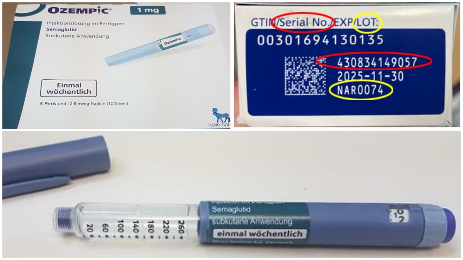 Algunos ejemplos de los lotes Ozempic falsificados documentados por la OMS.