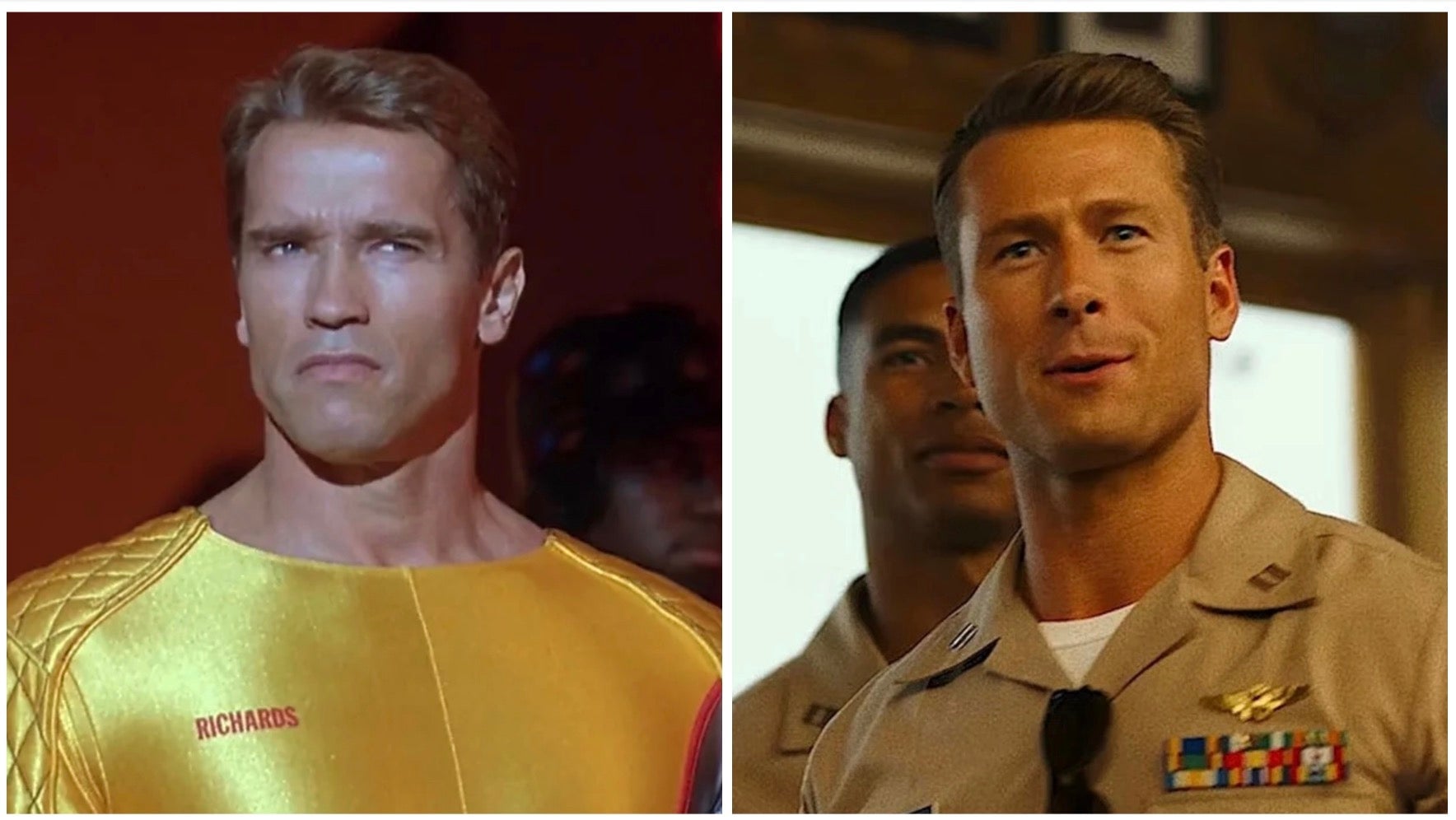 Estrellas de El hombre corriendo, Arnold Schwarzenegger y Glen Powell.