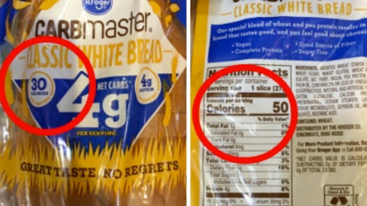 Imagen proporcionada por las fiscalías de distrito del condado de Entura y del condado de Santa Bárbara que muestra el recuento de calorías del pan Kroger Carbmaster