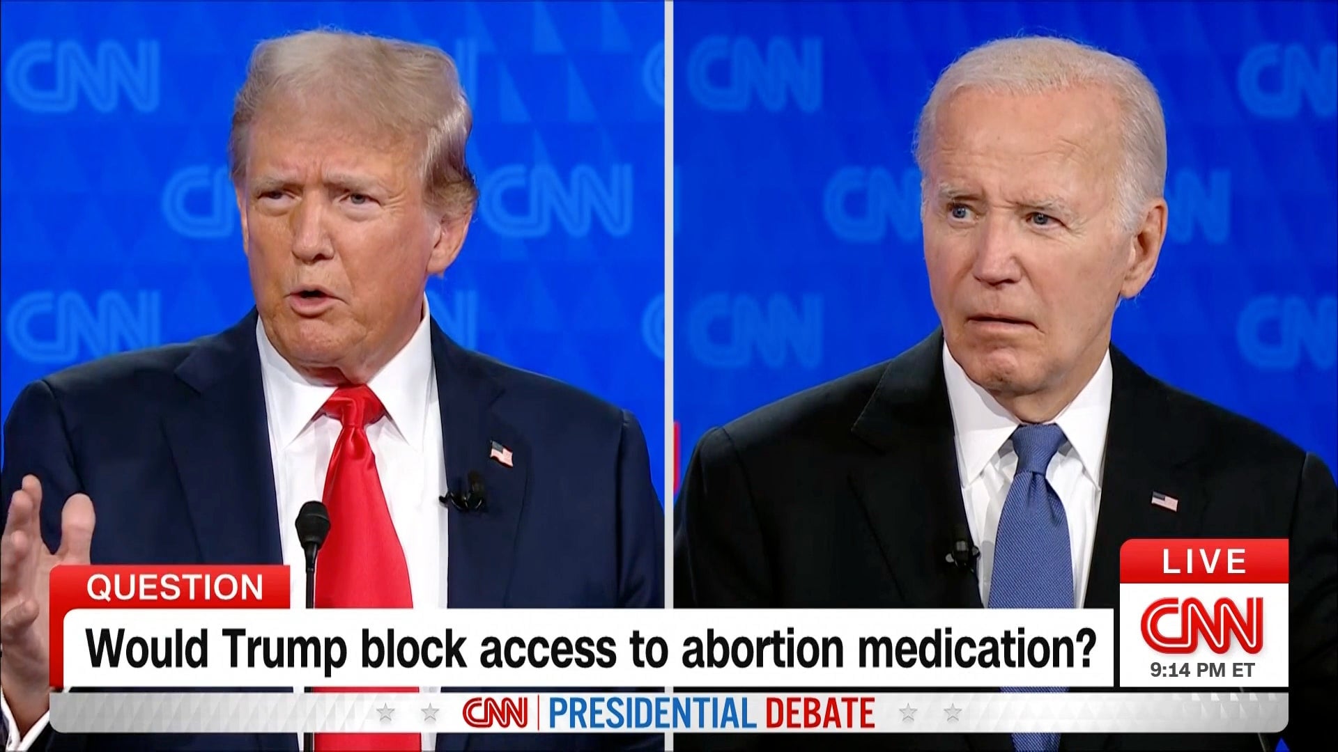 Captura de pantalla del debate del 27 de junio de 2024 entre el expresidente neofascista que quiere acabar con la democracia estadounidense, Donald Trump (izquierda) y  anciano confundido y presidente actual, Joe Biden, (derecha)