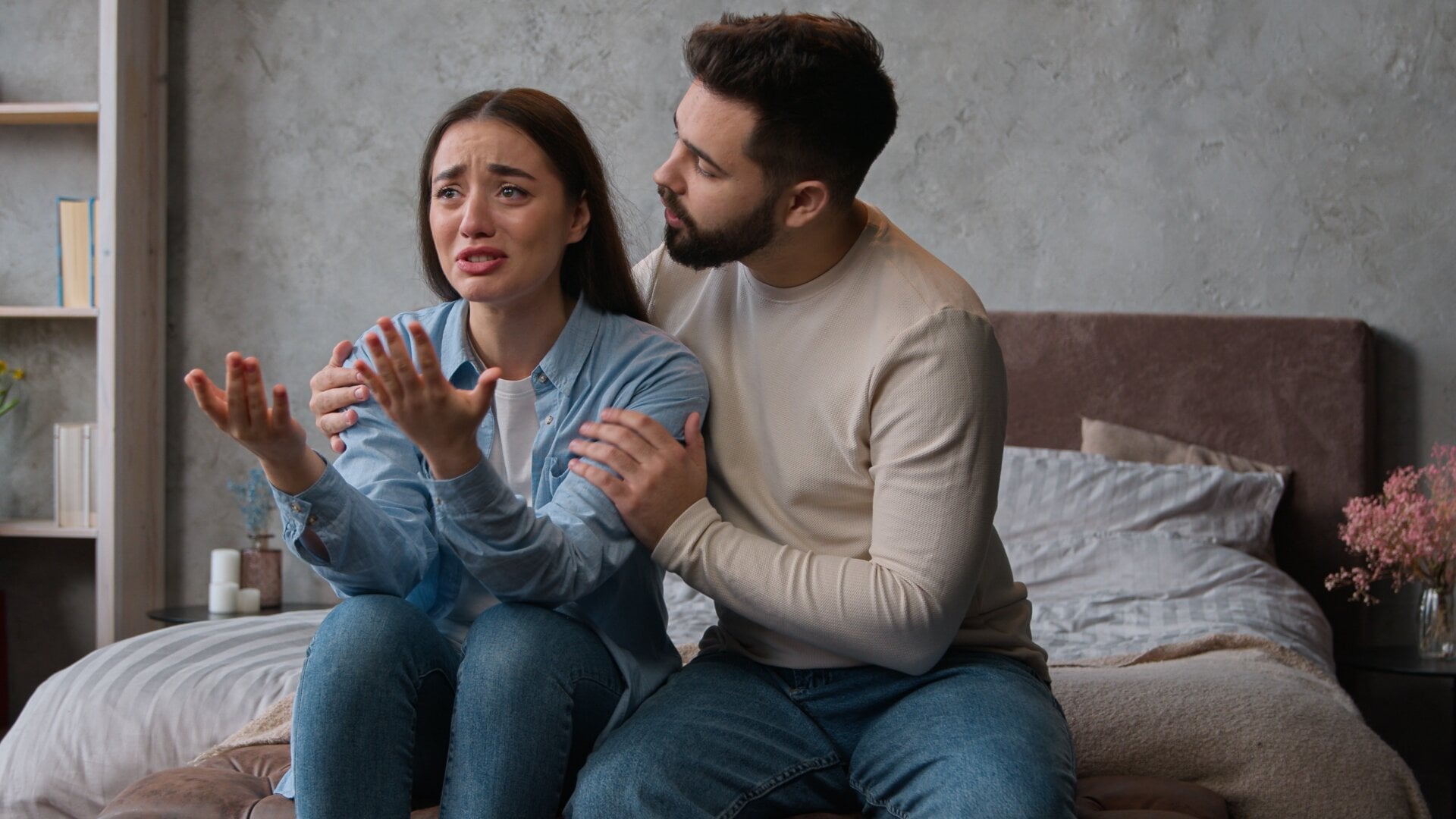 Caucasian,man,apologizing,husband,calming,anxious,annoyed,wife,ask,forgiveness