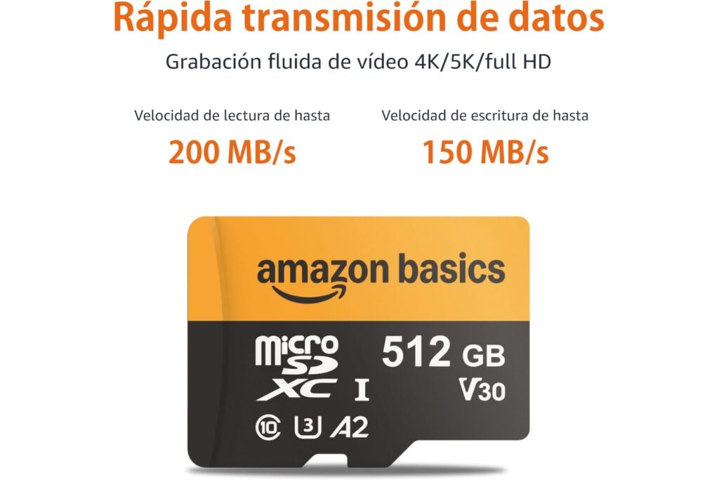 Amazon Basics Tarjeta micro sdxc de 512 GB con adaptador de lector, velocidad rápida de hasta 200 MB/s, negro, paquete de 1