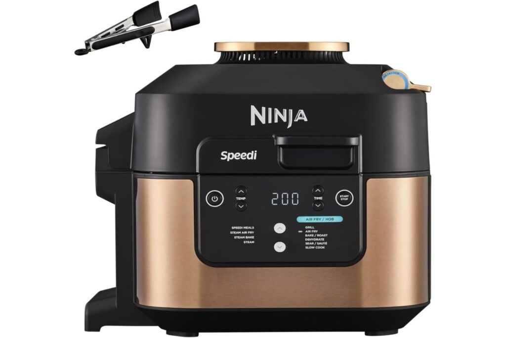 Ninja Speedi Olla Exprés Multifunción Rápida, Olla Eléctrica con Freidora Aire 5,7L, 10 en 1, Freidora sin Aceite, Horno, Cocción Lenta, al Vapor y más, 4 Porciones en 15min, Negro y Cobre, ON400EUCP