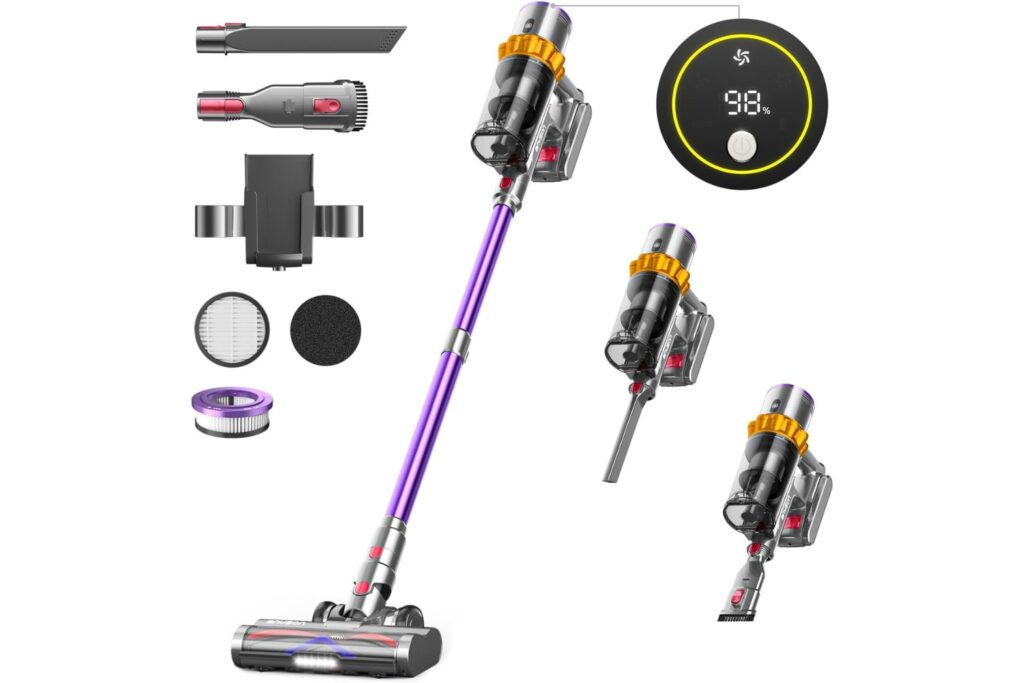 45Kpa/550W/70Mins Aspiradora sin Cable, Aspiradora Escoba sin Cable de 1.6 L/Pantalla Táctil LED,Capa de Filtración de 8 Etapas, Autocargable,Adecuado para Suelos/Alfombras/Pelo de Animales