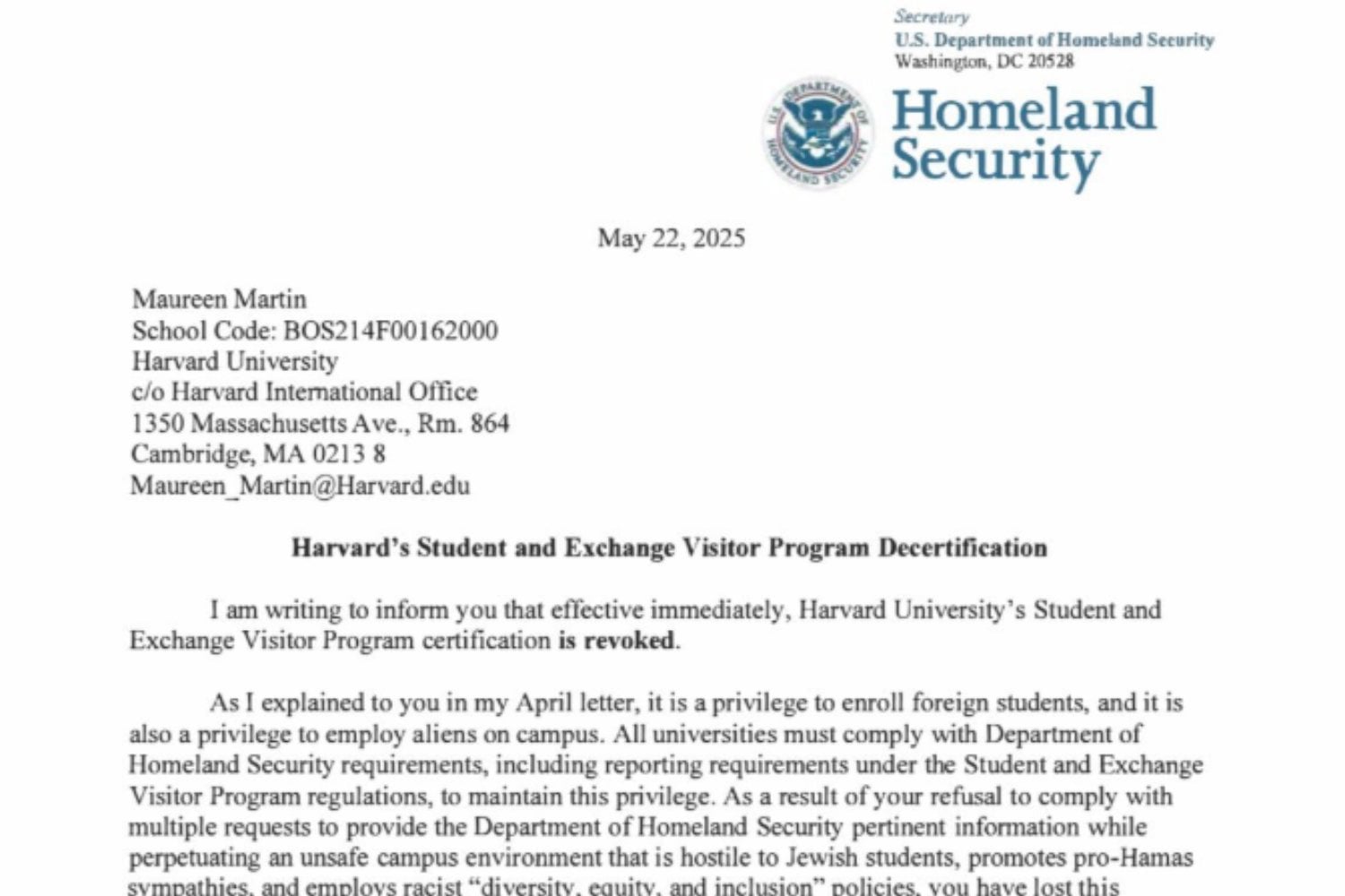 Carta De Kristi Noem A Harvard Antisemitismo