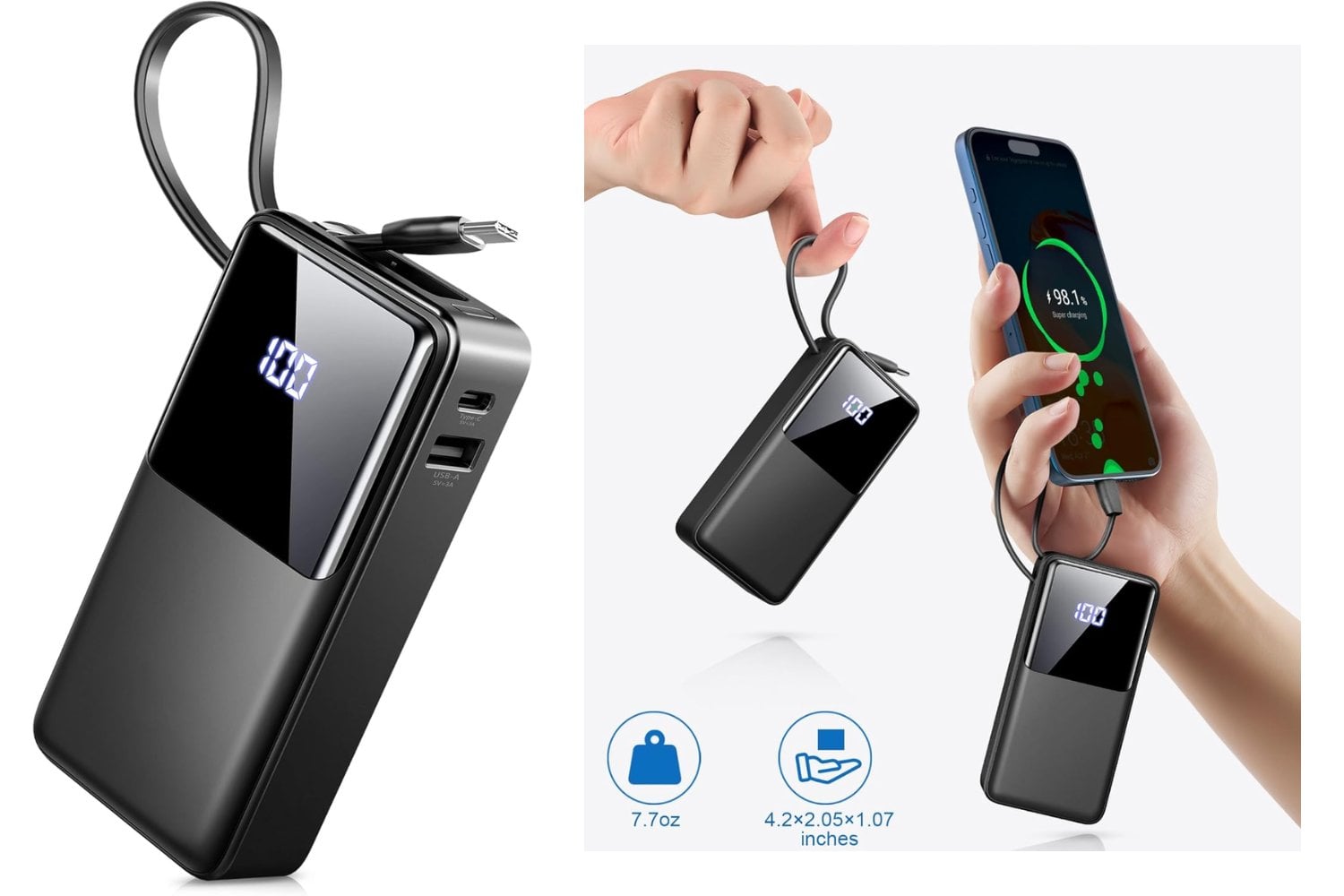 Power Bank 10000mAh, Batería Externa Carga Rapida 5V/3A Bateria Portatil Cable Integrado con Entrada y Salida USB C de Alta Velocidad,Patalla LED para iPhone, Android, Galaxy, Tabletas y más movil