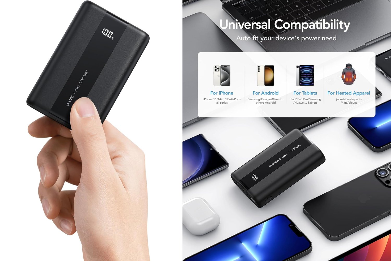 VRURC Batería Externa 20000mAh Mini Power Bank Carga Rapida 22.5W PD & QC 3.0 USB C Cargador Portatil compacta con 3 Entrada & 4 Salida Compatible con Smartphones