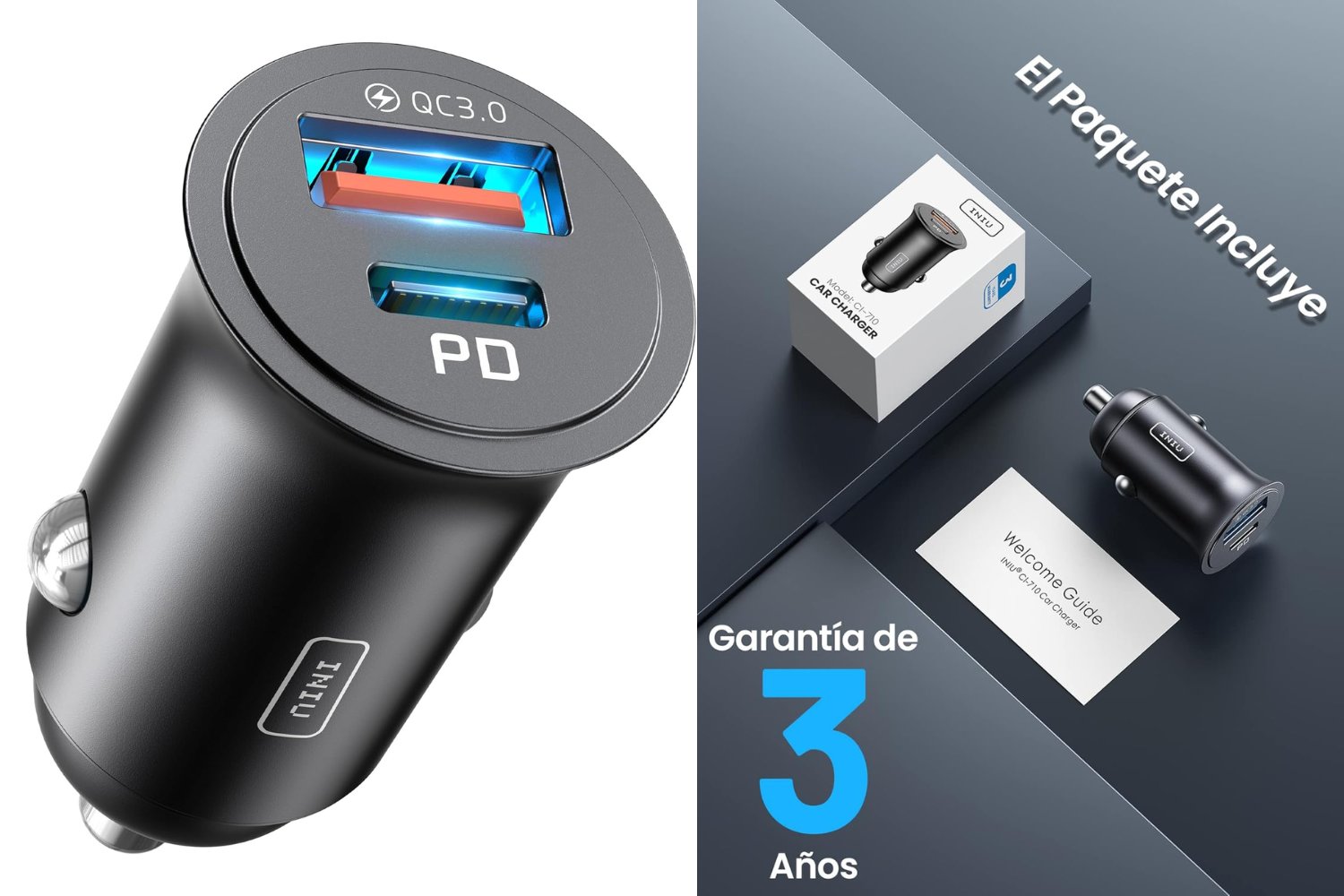 INIU Cargador de Coche, USB C 30W+USB A 30W Carga RÁPIDA Cargador de Automóviles, Adaptador de Metal para iPhone 15 14 13 12 Pro MAX Mini Samsung S21 Huawei LG